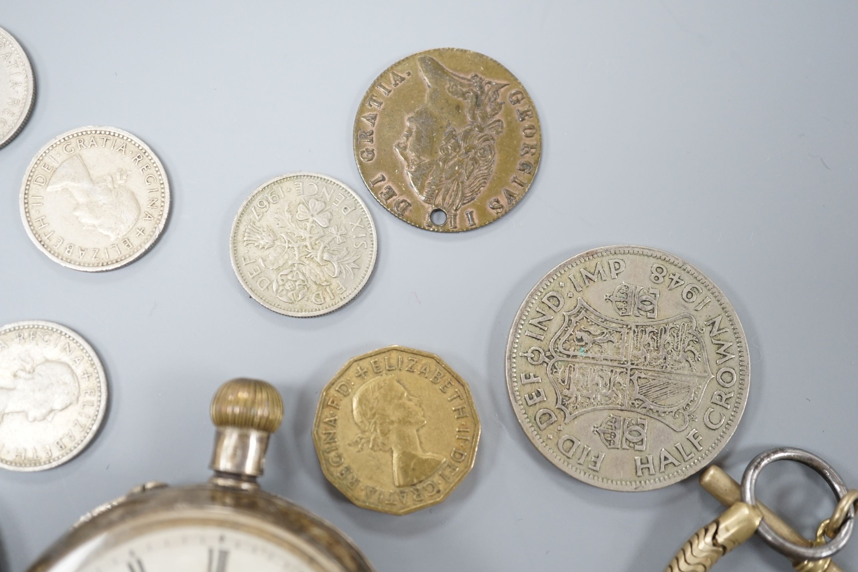 A late Victorian silver hunter keywind pocket watch, by Willcox of Grahams Town, one other white metal pocket watch, assorted minor coins and a sterling pen.